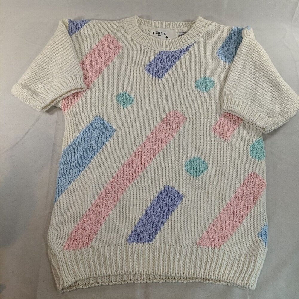 Here's A Hug Vintage Knit Sweater 90s 80s Multicolor Pastel White Short Sleeve S